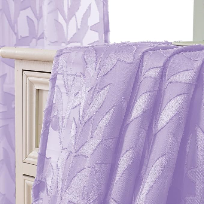 Lecloud Leia Light Purple Sheer Curtains 14 Inch Length 2 PCS, Dual Rod Pockets Living Room Window Short Curtains Valances, Jacquard Clip Textured Leaf Bedroom Decor, 38 W x 14 L