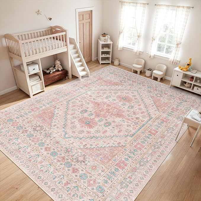 zesthome 10x14 Area Rugs - Large Pink Rugs for Bedroom Girls, Stain Resistant Washable Rugs, Vintage Low Pile Rug, Nursery Room Rug, Pink Room Decor (Pink/Blue,10'x14')