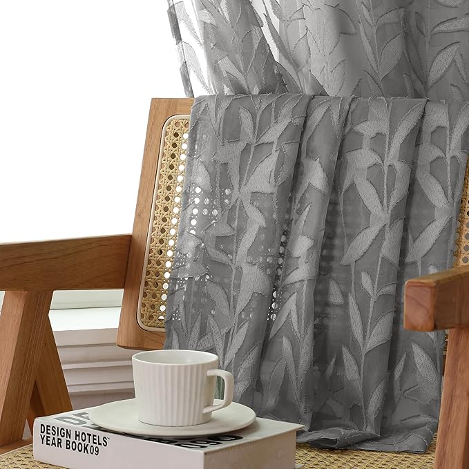 Lecloud Leia Charcoal Grey Sheer Curtains 108 Inches Long 2 Panels, Airy Jacquard Textured Voile Curtains, Gauzy Aesthetic Drapes with Dual Rod Pockets for Living Room Bedroom, Each 52" W x 108" L