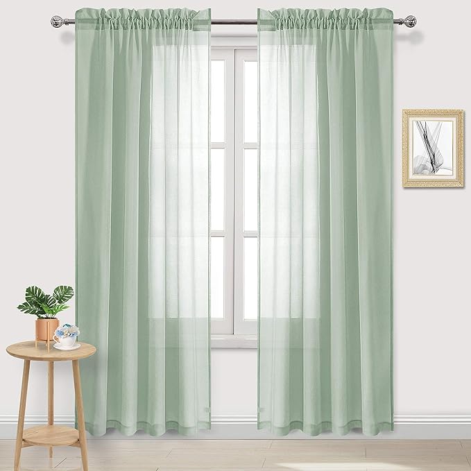 DWCN Bean Green Sheer Curtains Semi Transparent Voile Rod Pocket Curtains for Bedroom and Living Room, 52 x 84 inches Long, Set of 2 Panels