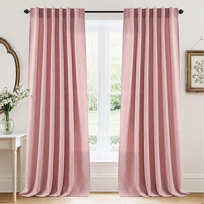RYB HOME Living Room/Bedroom Curtains and Drapes Linen Sheer, Light Filtering Curtains 108 inches Long, Back Tab/Rod Pocket, Peach Blush, W 52 x L 108 inches, 2 Panels Set