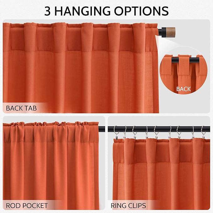 Nanspring Bright Orange Linen Blend Light Filtering Back Tab Curtains 102 Inches Long, Semi Sheer Privacy Drapes for Living Room & Bedroom, 52x102 inch, 2 Panels