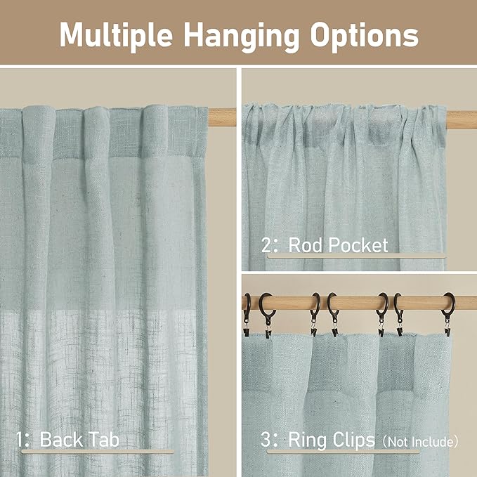 LAMIT Greyish Blue Linen Boho Curtains 84 inch Length 2 Panels, Light Filtering Semi Sheer Panels Back Tab and Rod Pocket Neutral Drapes for Bedroom/Living Room, 34 x 84 Inch