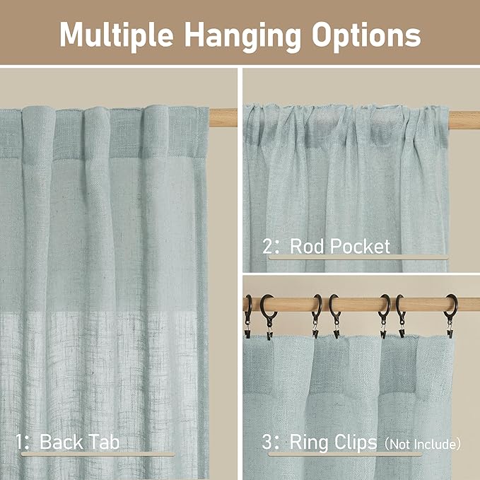 LAMIT Semi Sheer Linen Curtains 36 Inch Length 2 Panels, Light Filtering Panels Back Tab and Rod Pocket Neutral Drapes for Bathroom/Kitchen/Loft Room, Greyish Blue, 25 x 36 Inch