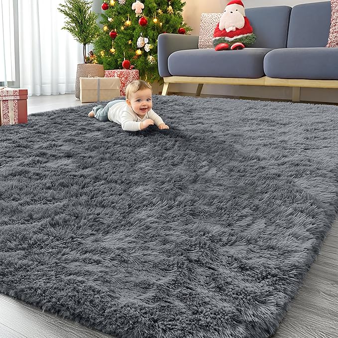 OLANLY 10x10 Machine Washable Large Area Rugs for Living Room, Bedroom, Soft Fluffy Shaggy Bedside Rug, Indoor Floor Carpet for Kids Girls and Boys, Dorms, Nursery, Home Decor Aesthetic, Grey