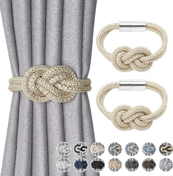 NICEEC 2 Pack Mini Magnetic Curtain Tiebacks Nordic Simple Style Drape Tie Backs Elegant Hand Weave Rope Knot Decorative Curtain Holdbacks for Home & Office Thin Window Drapery (Beige)