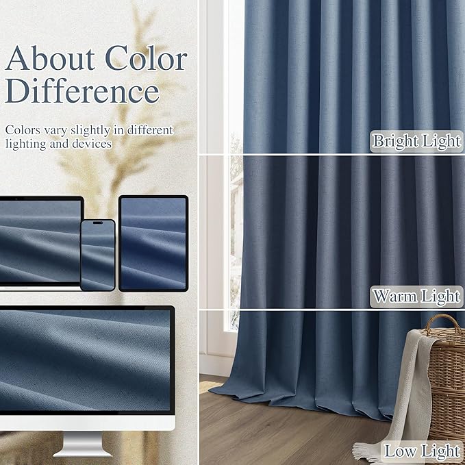 Guken 100% Blackout Curtains 90 Inch Length 2 Panels Set for Living Room Bedroom Back Tab Thermal Insulated Black Out Linen Drapes Room Darkening Window Curtains 90 Inches Long,Denim Blue