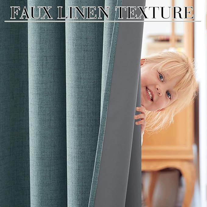 RYB HOME 100% Blackout Linen Textured Curtains 108 inches Long, Thermal Insulating Privacy Energy Saving for Bedroom Living Room Window Office Theater Baby Nursery, W 52 x L 108 in, Misty Blue, 2 Pcs