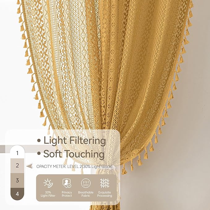 WAZZIO Boho Lace Curtains 84 Inches 2 Panel,Light Filtering Privacy Tassel & Geometry Crochet Semi Sheer Curtain Drapes for Bedroom Living Dining Room,Rod Pocket & Tassel,Mustard Yellow