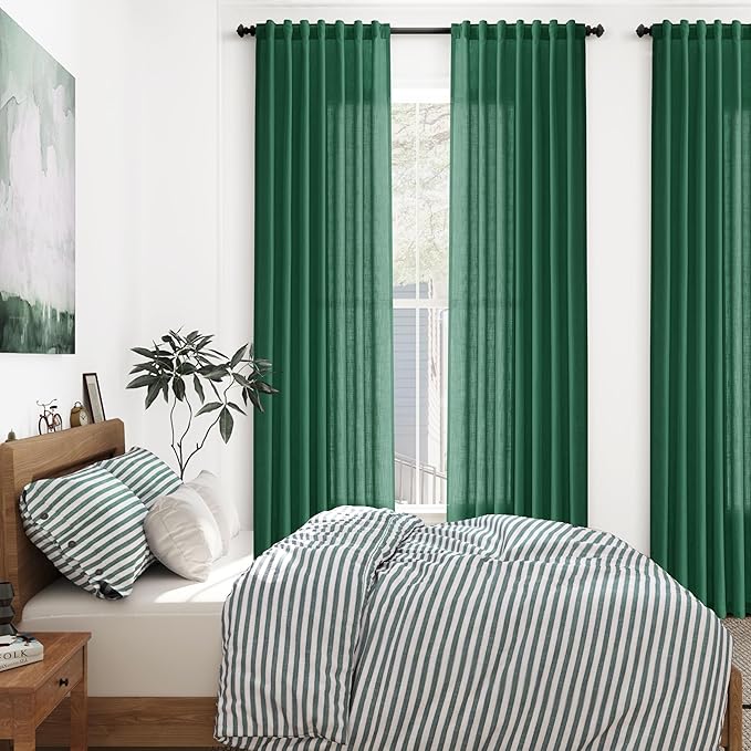 Extra Long Dark Green Linen Curtains 120 Inch for Living Room 2 Panels Set Rod Pocket Back Tab Linen Window Drapes Semi Sheer Light Filtering Privacy High Ceiling Drapes for Farmhouse 52x120