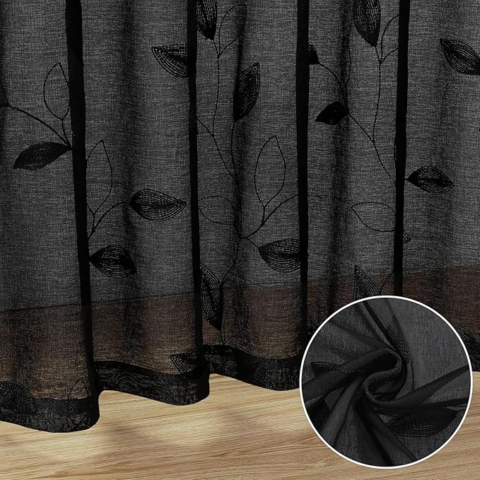 HOMEIDEAS Black Sheer Curtains 52 X 96 Inches Length 2 Panels Black Embroidered Leaf Pattern Gothic Faux Linen Floral Semi Sheer Voile Window Curtains/Drapes for Bedroom Living Room