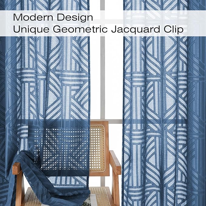 Simplebrand Semi Sheer Dusty Blue Curtains 96 Inches Long 2 Panels, Light Filtering Geometric Jacquard Clip Textured Sheer Curtains for Living Roon，Modern Elegant Window Curtains Drapes，52x96 inch