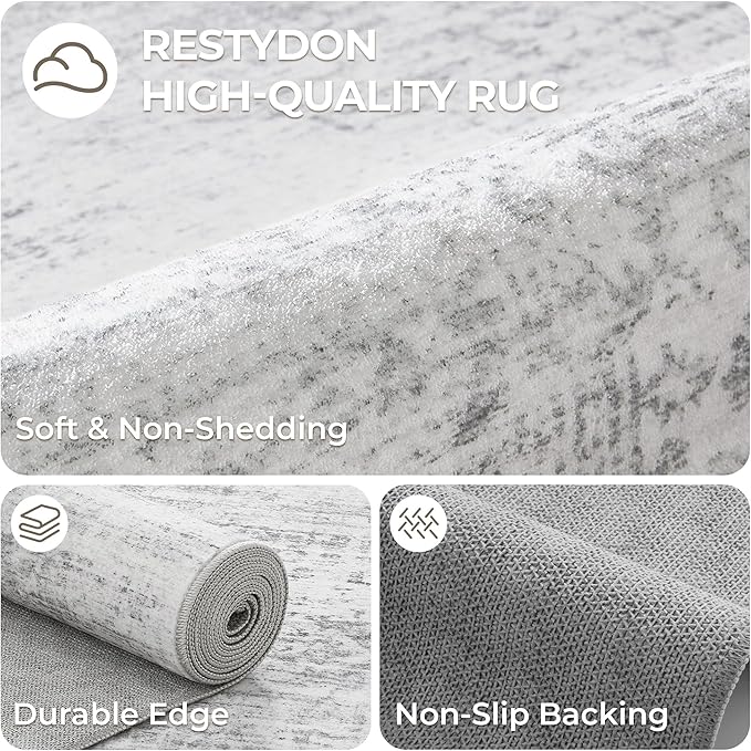 2x6 Runner Rug Non Slip for Entryway, Washable Runners for Kitchen, Soft Thin Hallway Rug for Bedroom, Laundry, Small Stain Resistant Indoor Door Mat(2'x6', Light Grey/White)