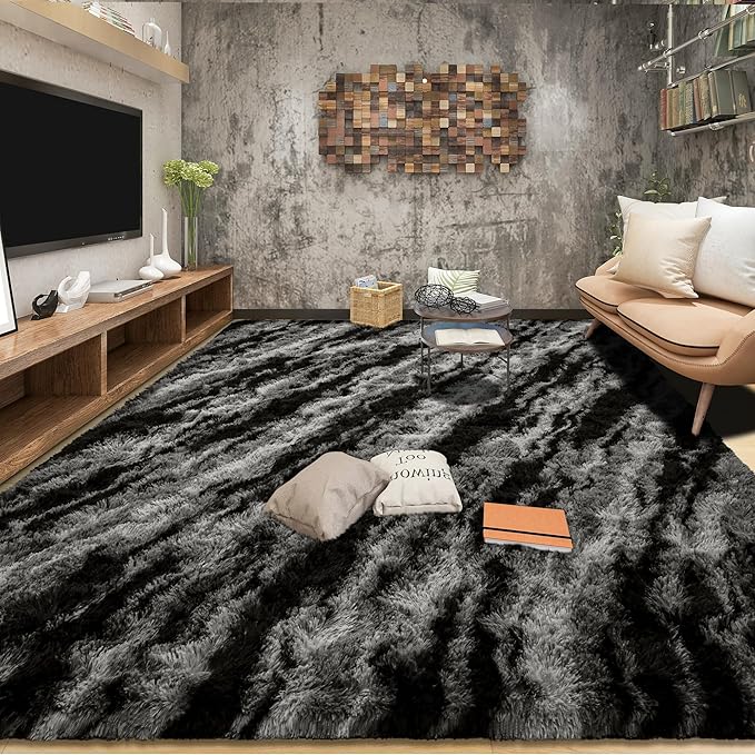 Tepook Area Rugs 9x12 for Living Room, Super Soft Fluffy Rugs for Bedroom, Modern Shaggy Rug Fuzzy Carpets for Kids, Plush Indoor Nursery Home Decor Rug with Non-Slip Bottom, Black Grey