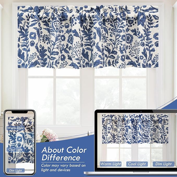 DriftAway Julia Watercolor Blooming Flower Floral Lined Thermal Insulated Window Curtain Valance Rod Pocket 52 Inch by 14 Inch Plus 1.75 Inch Header Linen Blend Navy 1 Pack