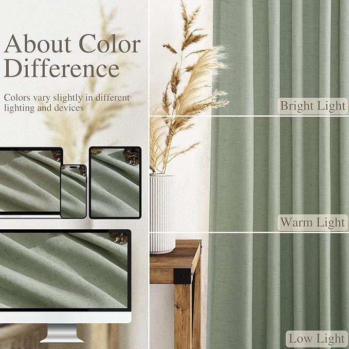 Extra Long Desert Sage Linen Curtains 120 Inch for Living Room 2 Panels Set Rod Pocket Back Tab Light Filtering Semi Sheer Linen Window Drapes Privacy High Ceiling Drapes for Farmhouse 52x120