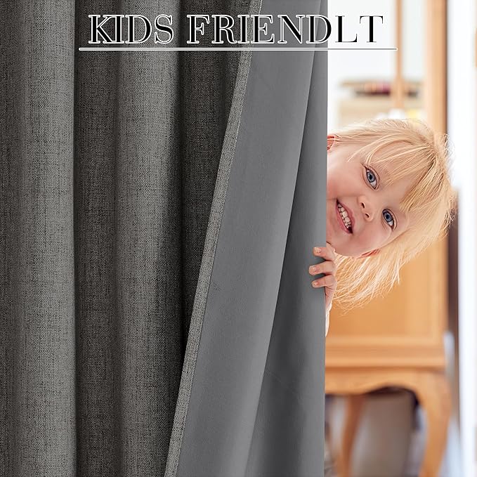 RYB HOME Grey 100% Blackout Linen Curtains 72 inch Long, Thermal Insulated & Privacy Assurd Drapes for Bedroom/Office/Nursery, Rod Pocket & Back Tab Window Treatment, W52 X L72, 2 Panels