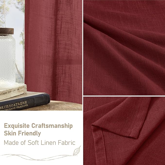 LAMIT 95 inch Linen Curtains for Living Room, Burgundy Red Bronze Grommet Christmas Panels Light Filtering Semi Sheer Drapes for Bedroom/Dining Hall, 2 Panels Set, 52 x 95 Inch