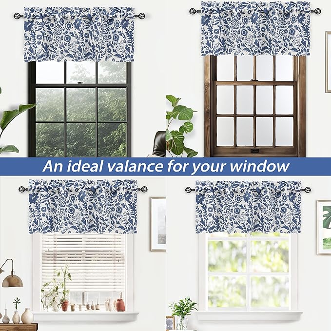 DriftAway Julia Watercolor Blooming Flower Floral Lined Thermal Insulated Window Curtain Valance Rod Pocket 52 Inch by 18 Inch Plus 2 Inch Header Linen Blend Navy 1 Pack