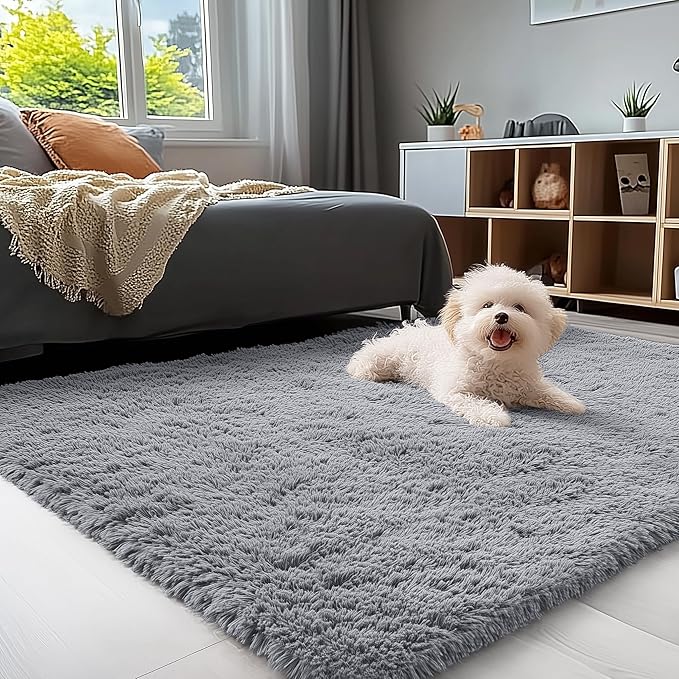 OLANLY 4x4 Machine Washable Accent Rug, Soft Fluffy Shaggy Area Rug for Bedroom, Living Room, Indoor Floor Carpet for Kids, Nursery, Home Decor, Light Grey