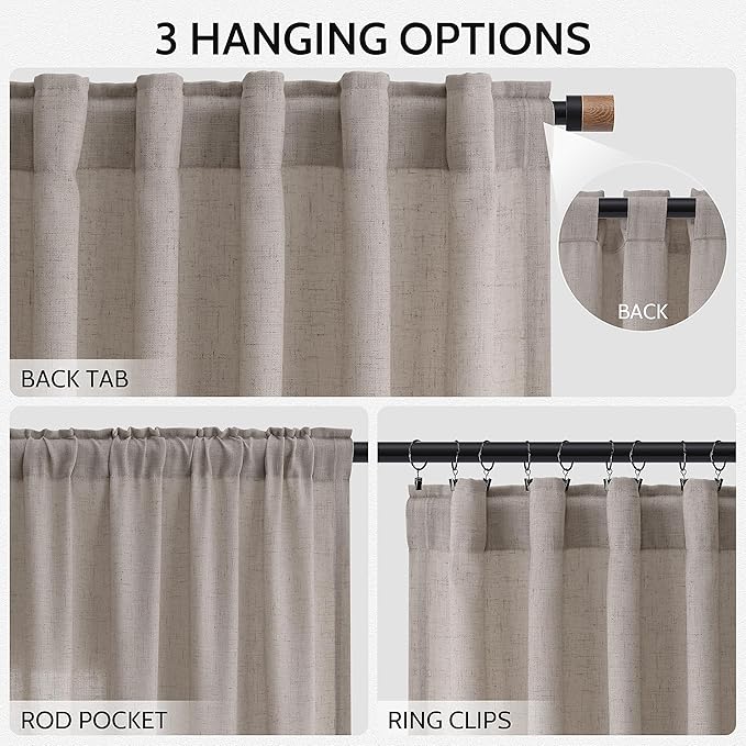Nanspring Stone Beige Linen Curtains for Living Room 72 Inches Long Luxury Light Filtering Semi Sheer Curtain Back Tab Simple Modern Elegant Farmhouse Decor Drapes for Bedroom Office 52x72, 2 Panels