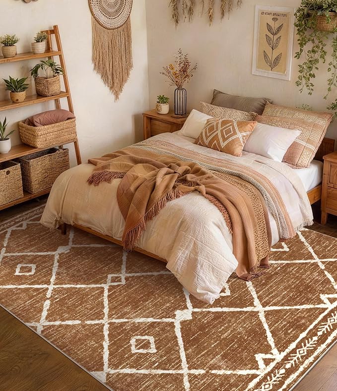 YIHOUSE Western Area Rugs for Living Room 5x7, Moroccan Aztec Burnt Orange Rug, Southwestern Soft Low-Pile Washable Rugs for Bedroom, Dining Room