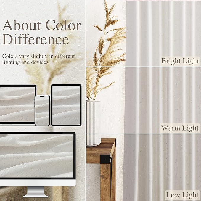 Nanspring Natural Linen Curtains 80 Inch Length for Living Room Country Light Filtering Semi Sheer Curtains Farmhouse Decor Curtain for Bedroom Back Tab and Rod Pocket 52x80, 2 Panels