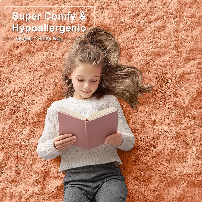 OLANLY 5x7 Machine Washable Large Area Rugs for Living Room, Bedroom, Soft Fluffy Shaggy Bedside Rug, Indoor Floor Carpet for Kids Girls and Boys, Dorms, Nursery, Home Decor Aesthetic, Muted Orange