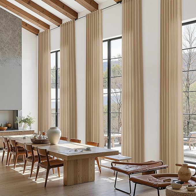 Sand Beige Linen Curtains 132 Inch Length for Living Room Simple Modern Light Filtering Semi Sheer Curtain Back Tab Rustic Home Decor Drapes Floor to Ceiling High Window for Bedroom 52x132, 2 Panels