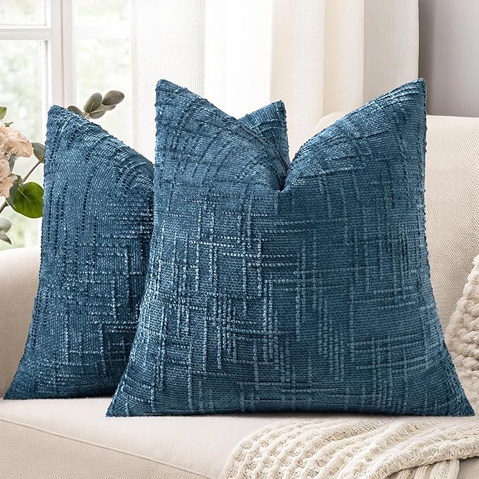 decorUhome Navy Blue Chenille Throw Pillow Covers 18x18 Set of 2 Textured Soft Cozy Slubby Couch Pillow Covers Modern Farmhouse Boho Decorative Pillow Cases for Bed Sofa Living Room