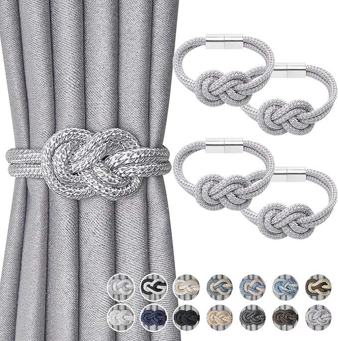 NICEEC 4 Pack Mini Magnetic Curtain Tiebacks Nordic Simple Style Drape Tie Backs Elegant Hand Weave Rope Knot Decorative Curtain Holdbacks for Home & Office Thin Window Drapery (Silver Grey)
