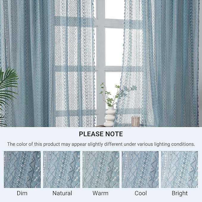 WAZZIO Boho Lace Curtains 84 Inches 2 Panel,Light Filtering Privacy Tassel & Geometry Crochet Semi Sheer Curtain Drapes for Bedroom Living Dining Room,Rod Pocket & Tassel,Light Slate Blue