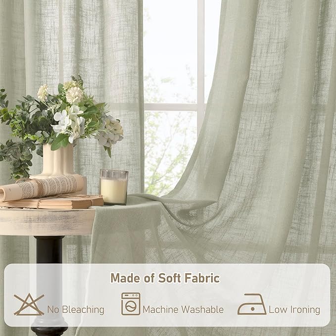 LAMIT Sage Grey Linen Curtains 48 Inch Length 2 Panels, Light Filtering Panels Back Tab and Rod Pocket Neutral Drapes for Kitchen/Window/Loft Room/Bedroom, 34 x 48 Inch