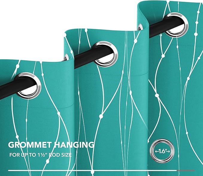 Deconovo Blackout Curtains, Thermal Insulated Soundproof Grommet Drapes, Wave Dots Silver Print, 52 x 54 Inch, Set of 2, Machine Washable Panels for Kitchen Bedroom Living Room Nursery, Turquoise