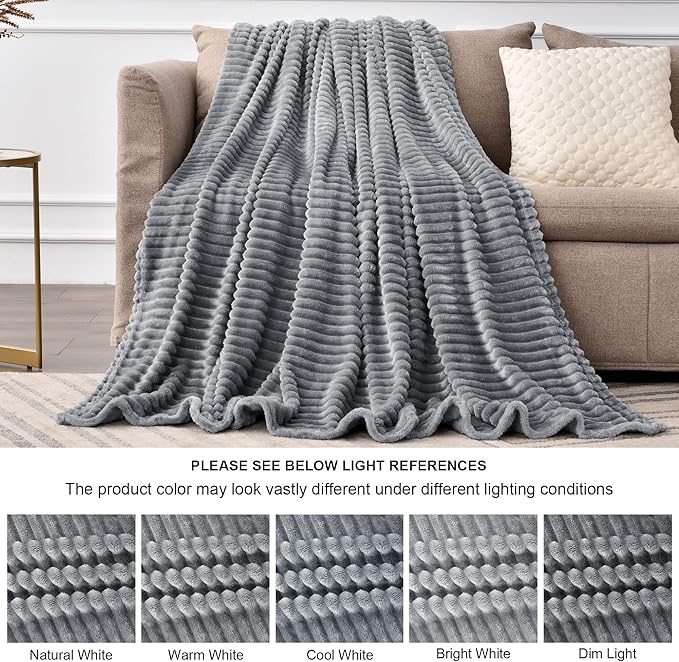 BEDELITE Fleece Throw Blanket for Couch – 3D Ribbed Jacquard Soft and Warm Decorative Fuzzy Blanket – Cozy, Fluffy, Plush Lightweight Grey Throw Blankets for Bed, Sofa, 50x60 inches