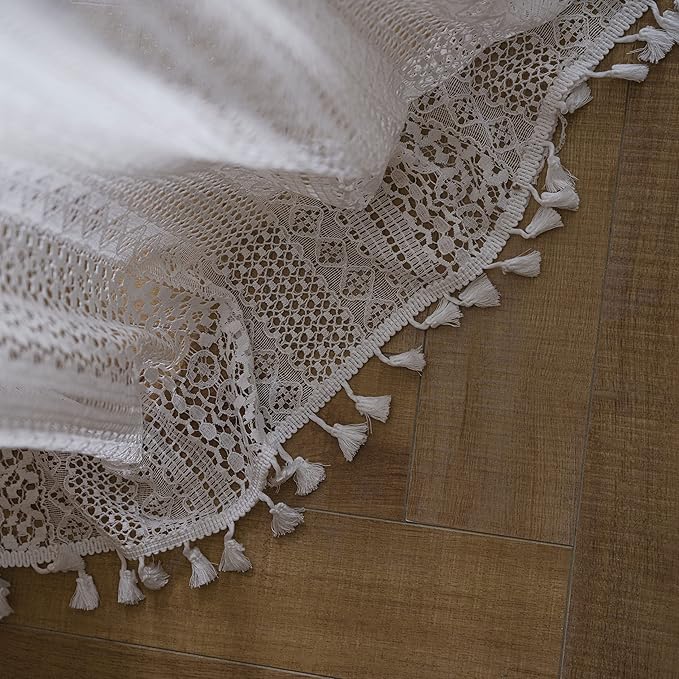 WAZZIO Boho Lace Curtains 63 Inches 2 Panel,Light Filtering Privacy Tassel & Geometry Crochet Semi Sheer Curtain Drapes for Bedroom Living Dining Room,Rod Pocket & Tassel,Victorian Decor,Off White