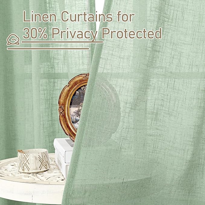 LAMIT Fresh Green Linen Curtains 54 Inch Length 2 Panels, Light Filtering Semi Sheer Panels Bronze Grommet Neutral Drapes for Kitchen/Window/Bedroom, 52 x 54 Inch
