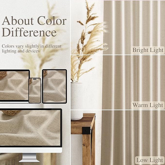 Taupe Burlywood Linen 112 Inch Curtains for Living Room Light Filtering Semi Sheer Curtain Back Tab Rustic Modern Farmhouse Decor Drapes Floor to Ceiling High Window for Bedroom 52x112, 2 Panels