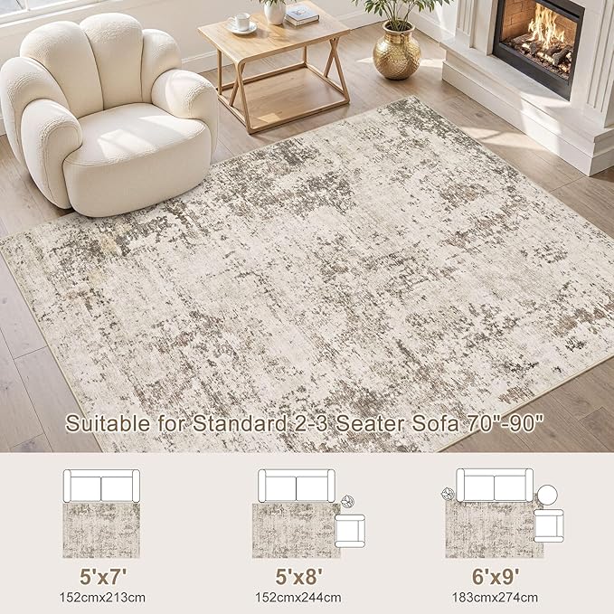 UERMEI 6x9 Area Rug Living Room Rugs - Washable Neutral Modern Abstract Soft Thin Large Rug Indoor Floor No Slip Rug Carpet for Bedroom Under Dining Table Home Office Decor - Dark Brown