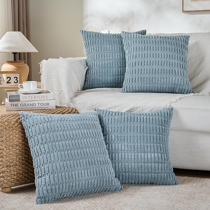 Fancy Homi 4 Packs Boho Light Blue Decorative Throw Pillow Covers 22x22 Inch for Couch Bed Sofa, Rustic Modern Farmhouse Home Decor, Soft Plush Corduroy Cute Square Cushion Case 55x55 cm