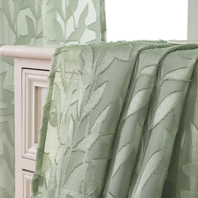 Lecloud Leia Sage Green Sheer Curtains 63 Inch Length 2 Panels, Light Filtering Bedroom Living Room Kitchen Curtain for Small Window, Jacquard Clip Leaves Voile Drapes Dual Rod Pockets, 38x63 Inches