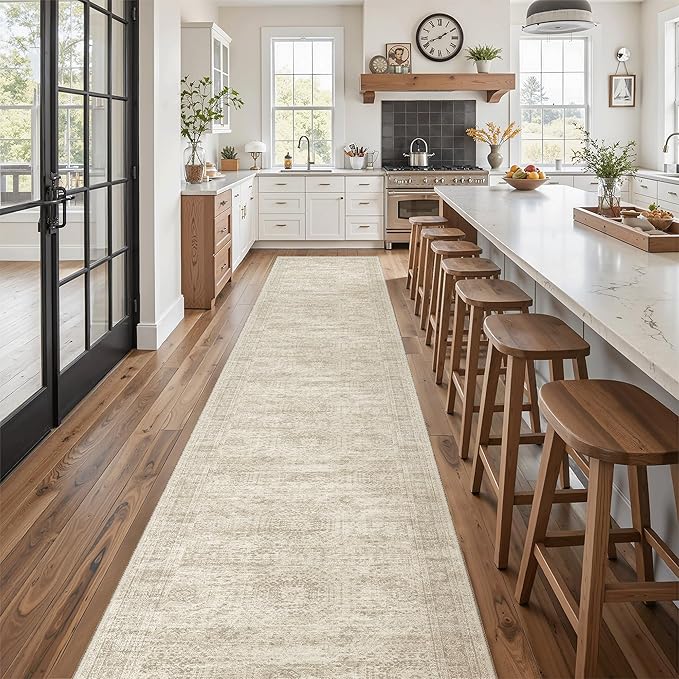 Runner Rug 2'6" x 16' Washable Non-Slip 2.5x16 ft Long Runner Rugs for Kitchen Bathroom Laundry Room Vintage Ultra Thin Runners for Hallway Entryway Beige