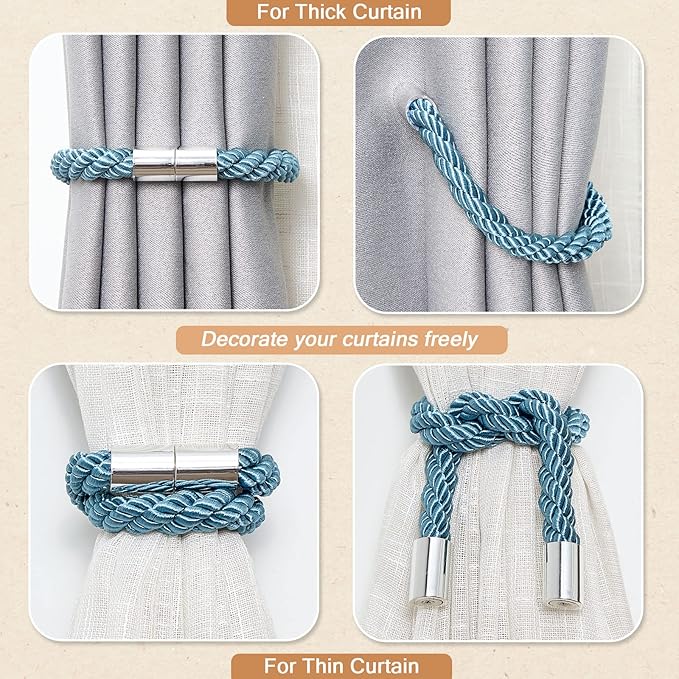 NICEEC 6 Pack Strong Magnetic Curtain Tiebacks Modern Simple Style Drape Tie Backs Convenient Decorative Weave Rope Curtain Holdbacks for Thin or Thick Home & Office Window Draperies (Teal)