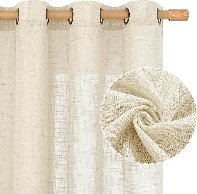 LAMIT Beige Linen Curtains 60 Inch Length for Kitchen, Light Filtering Short Drapes Bronze Grommet Window Treatment Panels for Bedroom/Small Windows, 2 Panels, 34 x 60 Inch