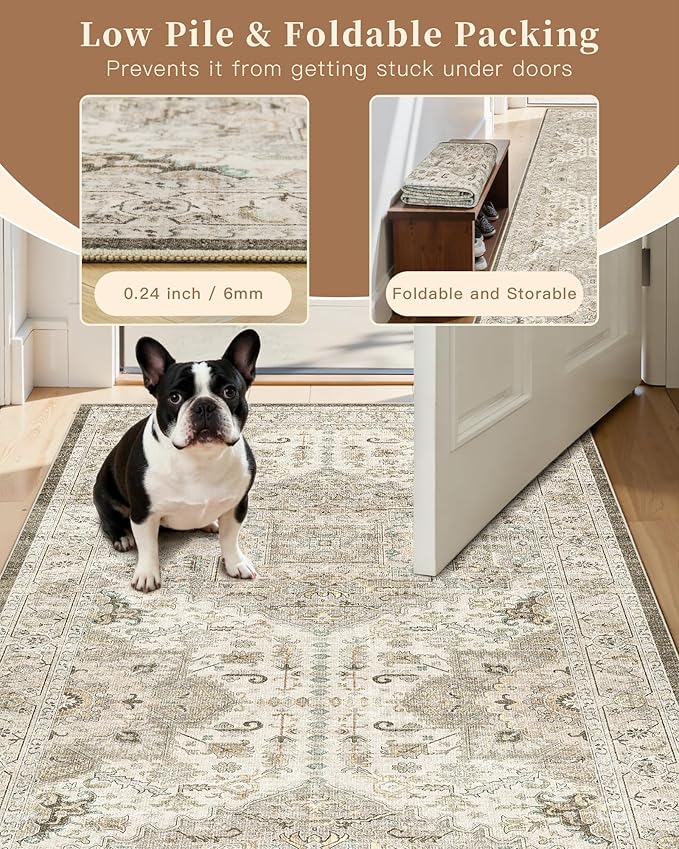 Madane Hallway Runner Rug 3x6 - Washable Kitchen Rugs Entryway Rug Runner Vintage Soft Floor Mat Non Slip Indoor Farmhouse Carpet for Bathroom Living Room Bedroom (3 X 6, Ivory/Brown)