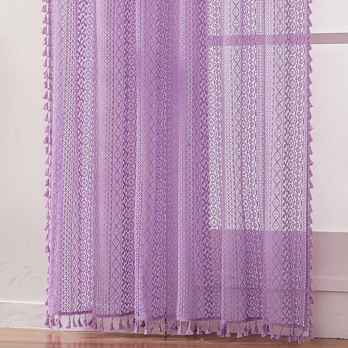 WAZZIO Boho Lace Curtains 84 Inches 2 Panel,Light Filtering Privacy Tassel & Geometry Crochet Semi Sheer Curtain Drapes for Bedroom Living Dining Room,Rod Pocket & Tassel,Lavender Purple