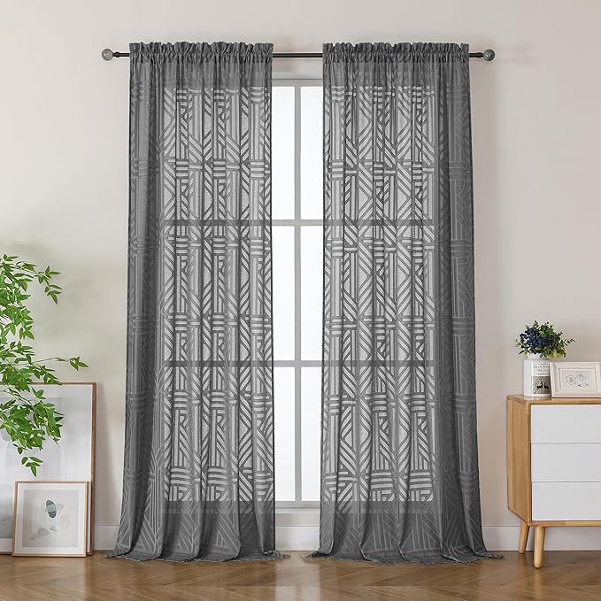 Simplebrand Semi Sheer Charcoal Grey Curtains 96 Inches Long 2 Panels, Light Filtering Geometric Jacquard Clip Textured Sheer Curtains for Living Roon，Modern Elegant Window Curtains Drapes, 52x96 inch