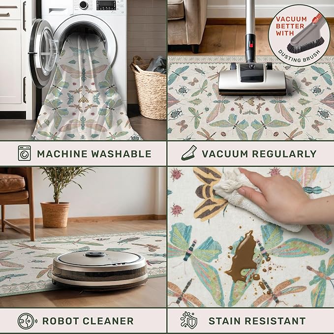 Hazo Haus Green and Blue Insect 6ft Round Soft Rugs for Nursery, Bedroom Beside Bed - Non Skid Rug Low Pile Washable Living Room Rugs, Forest Butterfly Design Stain Resistant Home Décor