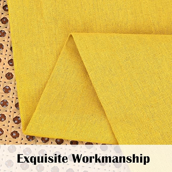 FRAMICS Farmhouse Kitchen Curtains 24 Inch Length, Rustic Cotton Linen Tier Curtain, Boho Button Short Curtains for Windows, Yellow Country Cafe Drapes, Rod Pocket, Yellow and White, 26x24