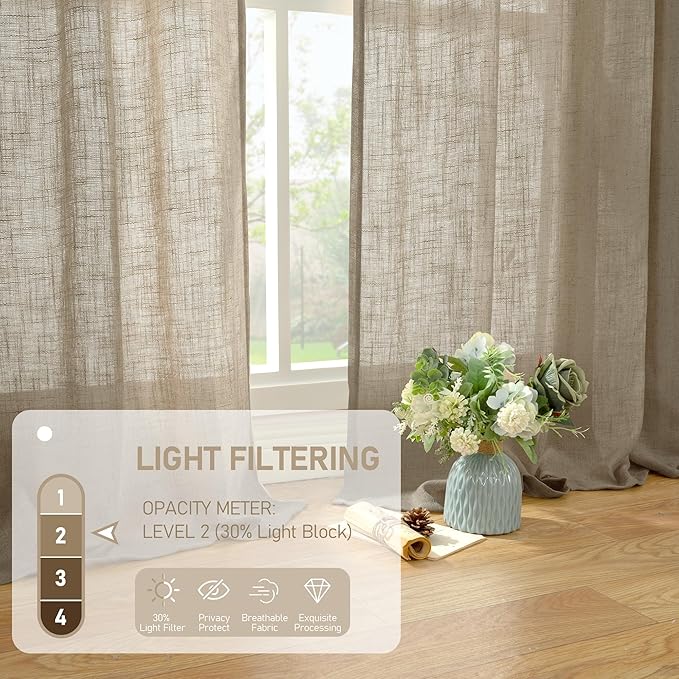 LAMIT Semi Sheer Linen Curtains 36 Inch Length for Cafe, Light Filtering Panels Back Tab and Rod Pocket Neutral Drapes for Bathroom/Kitchen/Loft Room, 25 x 36 Inch, 2 Panels